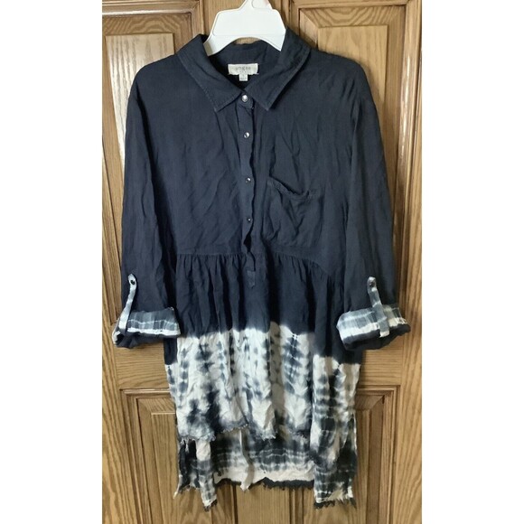 Umgee Women’s Sz S Blue Tie Dye Tunic Top Blouse Roll Tab Sleeves High Low Hem - Picture 6 of 9
